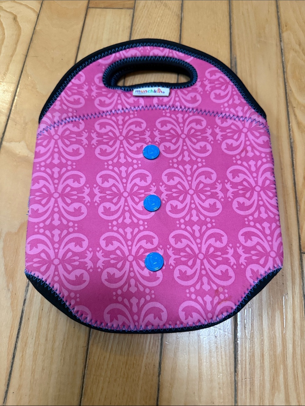 Munchkin Pink Floral Pattern Neoprene Baby Bottle Bag with Blue Snaps